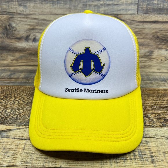 Seattle Mariners Mens Trucker Hat Yellow Snapback Retro Logo Baseball Cap - Picture 2 of 8
